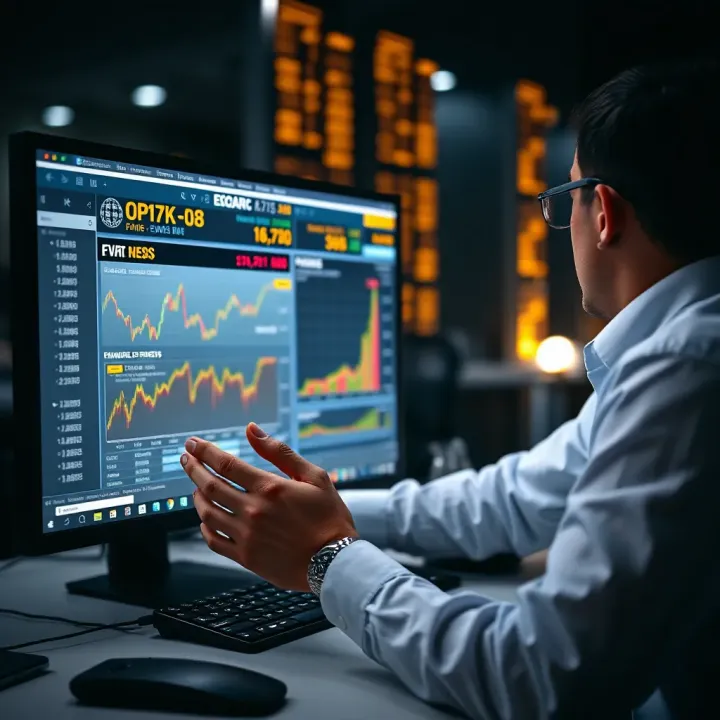 Financial analyst examining economic news reports on a computer screen