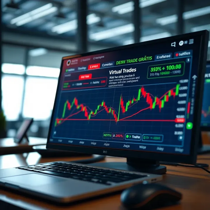 Conceptual graphic showing virtual trading on screen with benefits like risk-free practice and strategy development highlighted